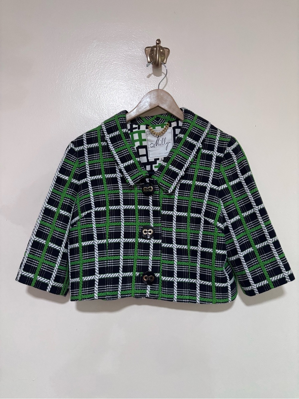 Milly of NY Vintage 100% Cotton Women’s Green Plaid Cropped Blazer Jacket sz‎ 10